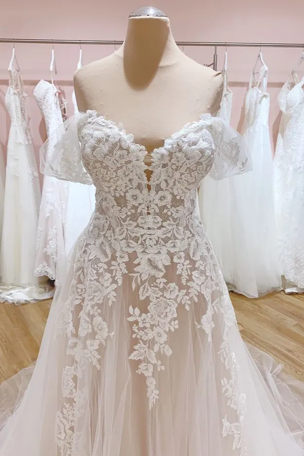 Romantic A-Line Off-the-Shoulder Train Wedding Dress with Sweetheart Backless Tulle