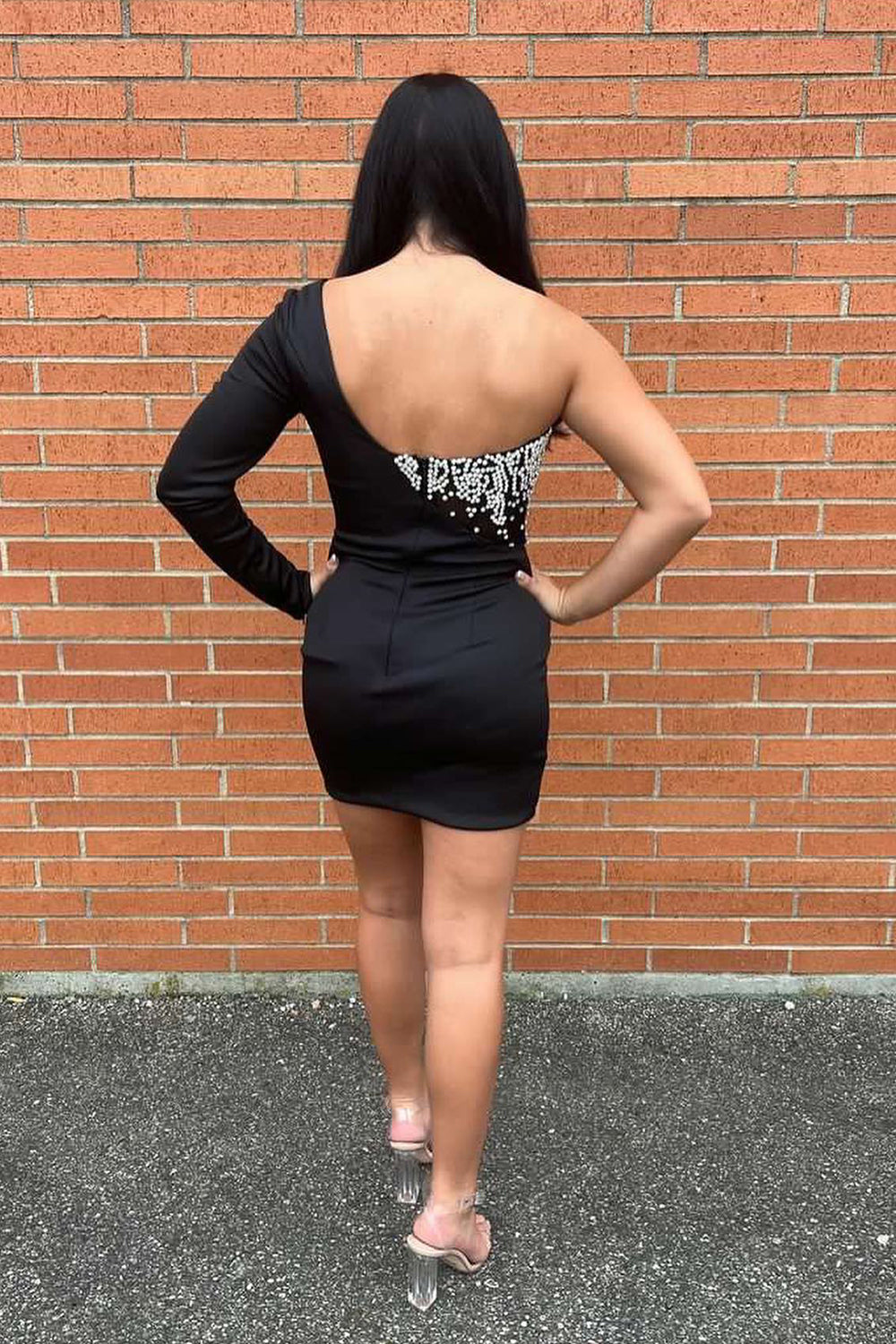 Sparkly Black BeadedOne Shoulder One Sleeve Tight Short Homecoming Dress-BMbridal