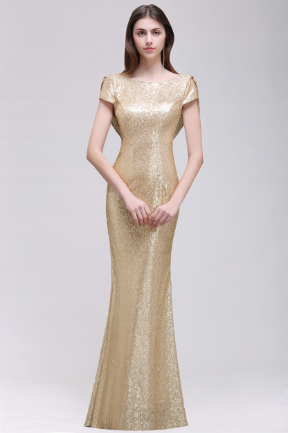 BMbridal Sparkly Sequined Jewel Sheath Prom Dress with Short Sleeves and Draped Back