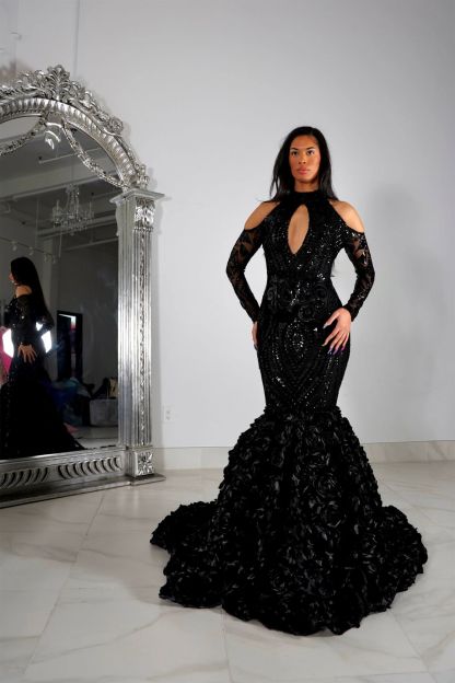 Bmbridal Black Mermiad Halter Long Sleeves Prom Dress with Appliques