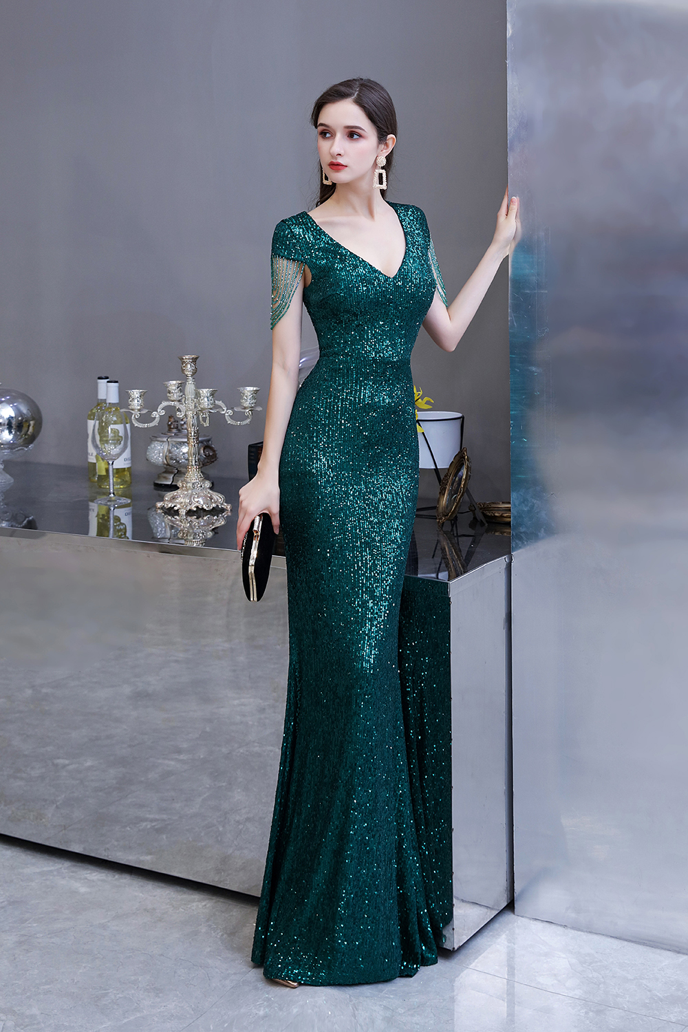 BMbridal Elegant Cap Sleeve Green Prom Dress Sequins Long Evening Gowns Online