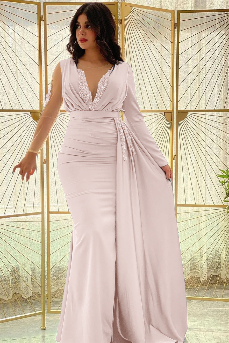 Mermaid Long Sleeves Beadings Pleated Prom Dress Side Split With Ruffles