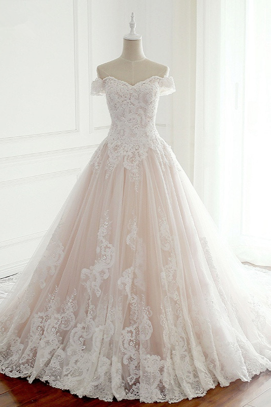 BMbridal Elegant Off-the-Shoulder Tulle Lace Wedding Dress Sweetheart Appliques Sleeveless Bridal Gowns On Sale-BMbridal