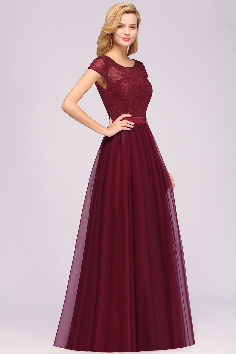 BMbridal Elegant Lace Cap Sleeves Burgundy Bridesmaid Dresses Affordable-BMbridal
