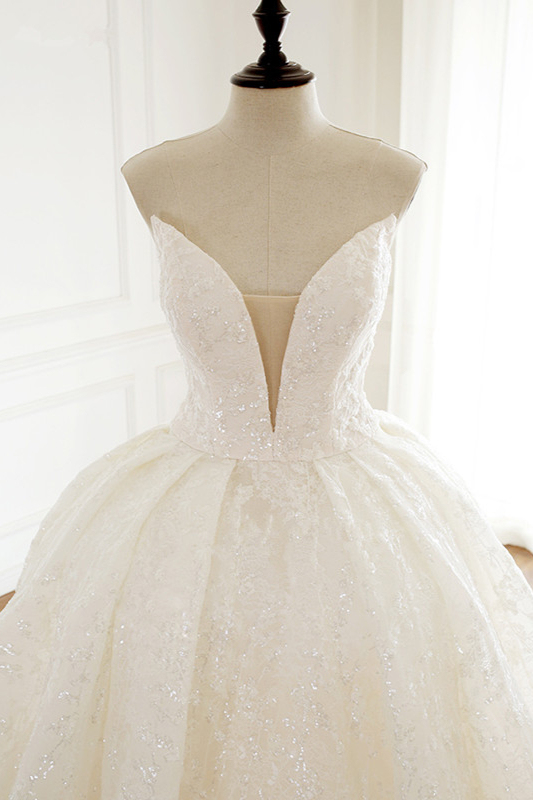 BMbridal Sexy Deep-V-Neck Strapless Tulle Wedding Dress Sleeveless Lace Appiques Bridal Gowns On Sale-BMbridal