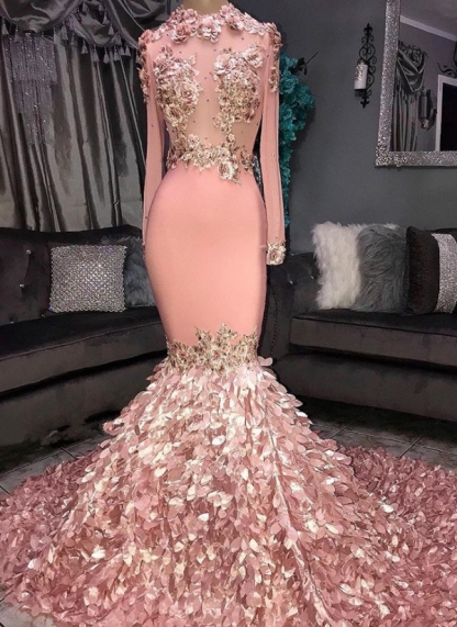Bmbridal Pink Long Sleeves Mermaid Prom Dress With Appliques