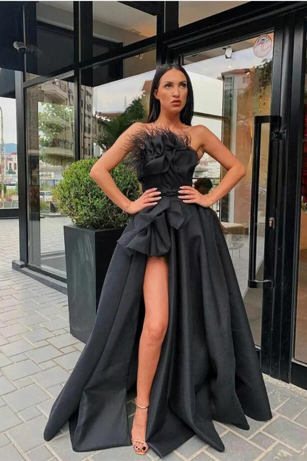 Strapless Sleeveless Long Black A Line Prom Dress High Split With Feather