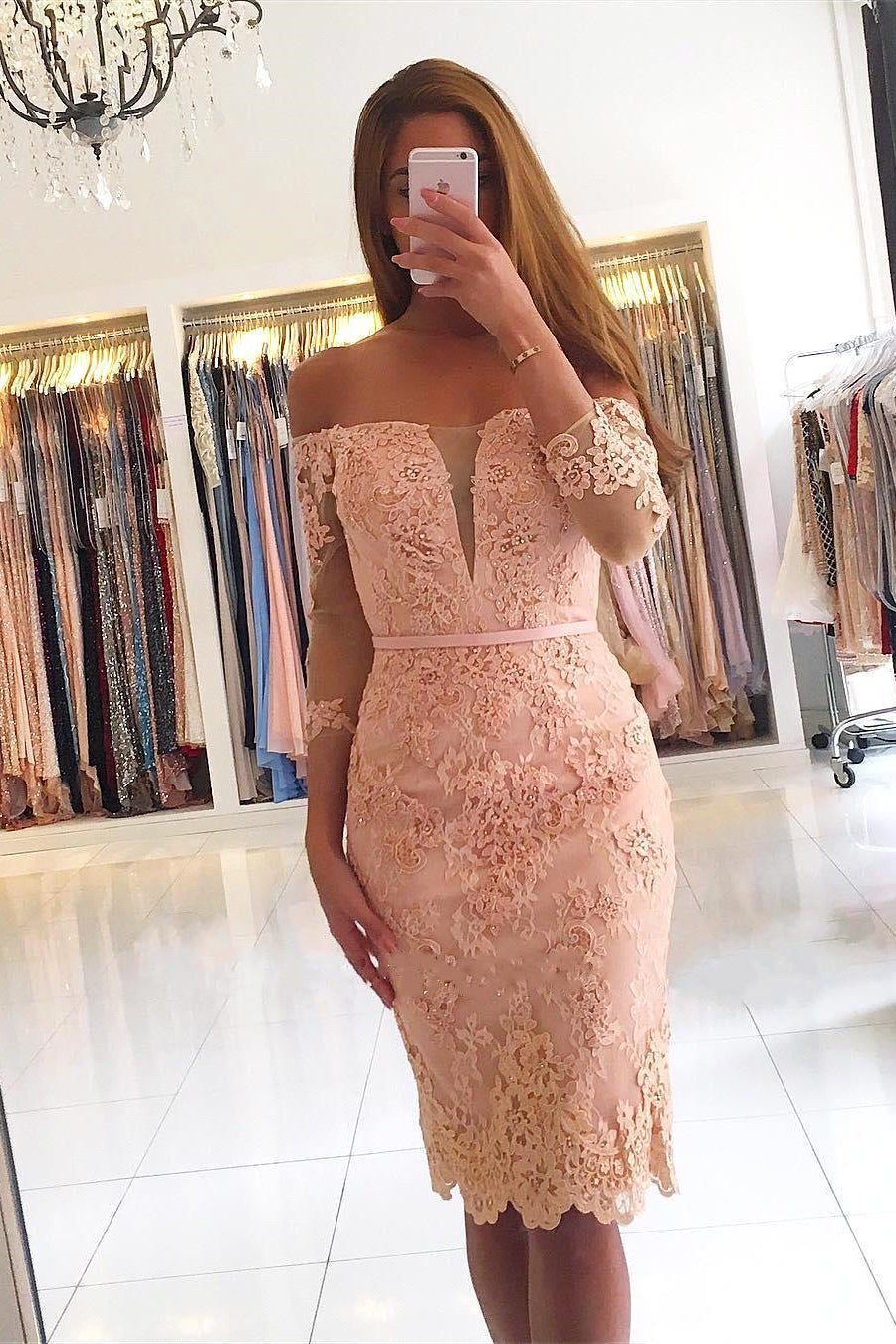 Elegant 3/4 Sleeves Lace Slim Short Party Dress-BMbridal.com