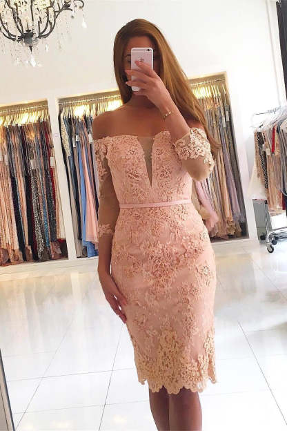 Elegant 3/4 Sleeves Lace Slim Short Party Dress-BMbridal.com