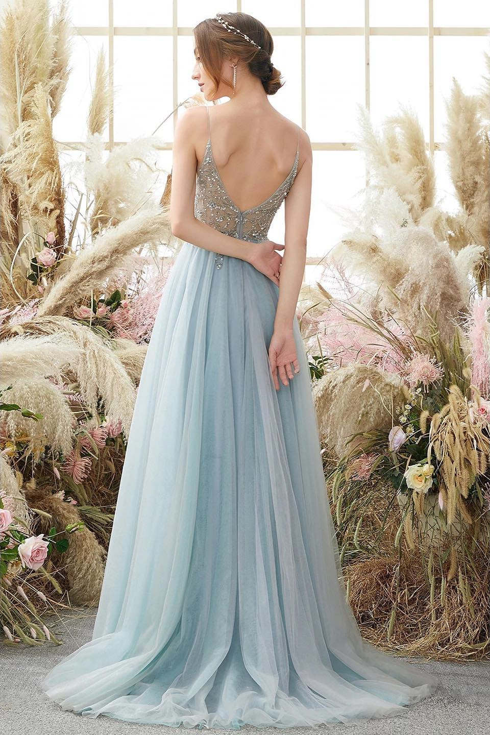Elegant A-line Blue V-neck Spaghetti Straps Split Front Beading Prom Dress-BMbridal.com