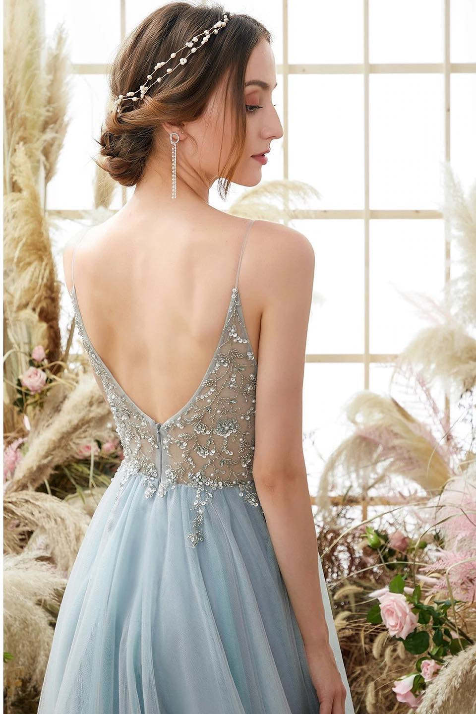 Elegant A-line Blue V-neck Spaghetti Straps Split Front Beading Prom Dress-BMbridal.com