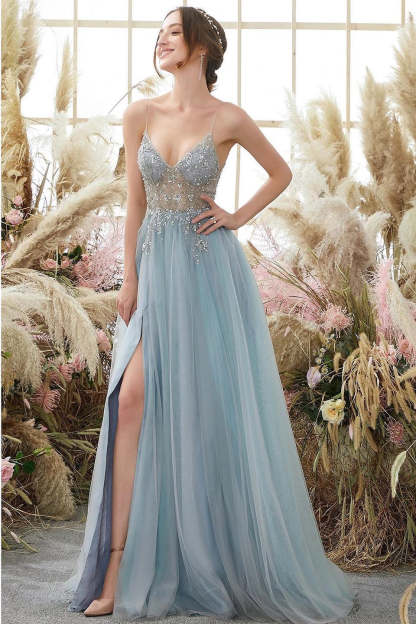 Elegant A-line Blue V-neck Spaghetti Straps Split Front Beading Prom Dress-BMbridal.com