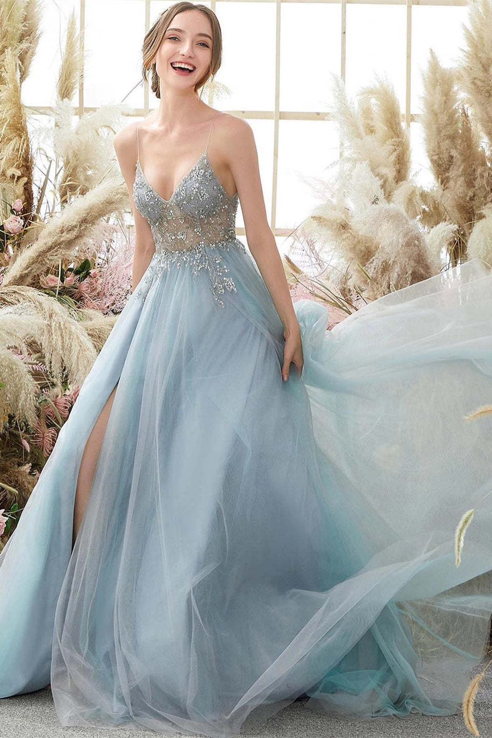 Elegant A-line Blue V-neck Spaghetti Straps Split Front Beading Prom Dress-BMbridal.com