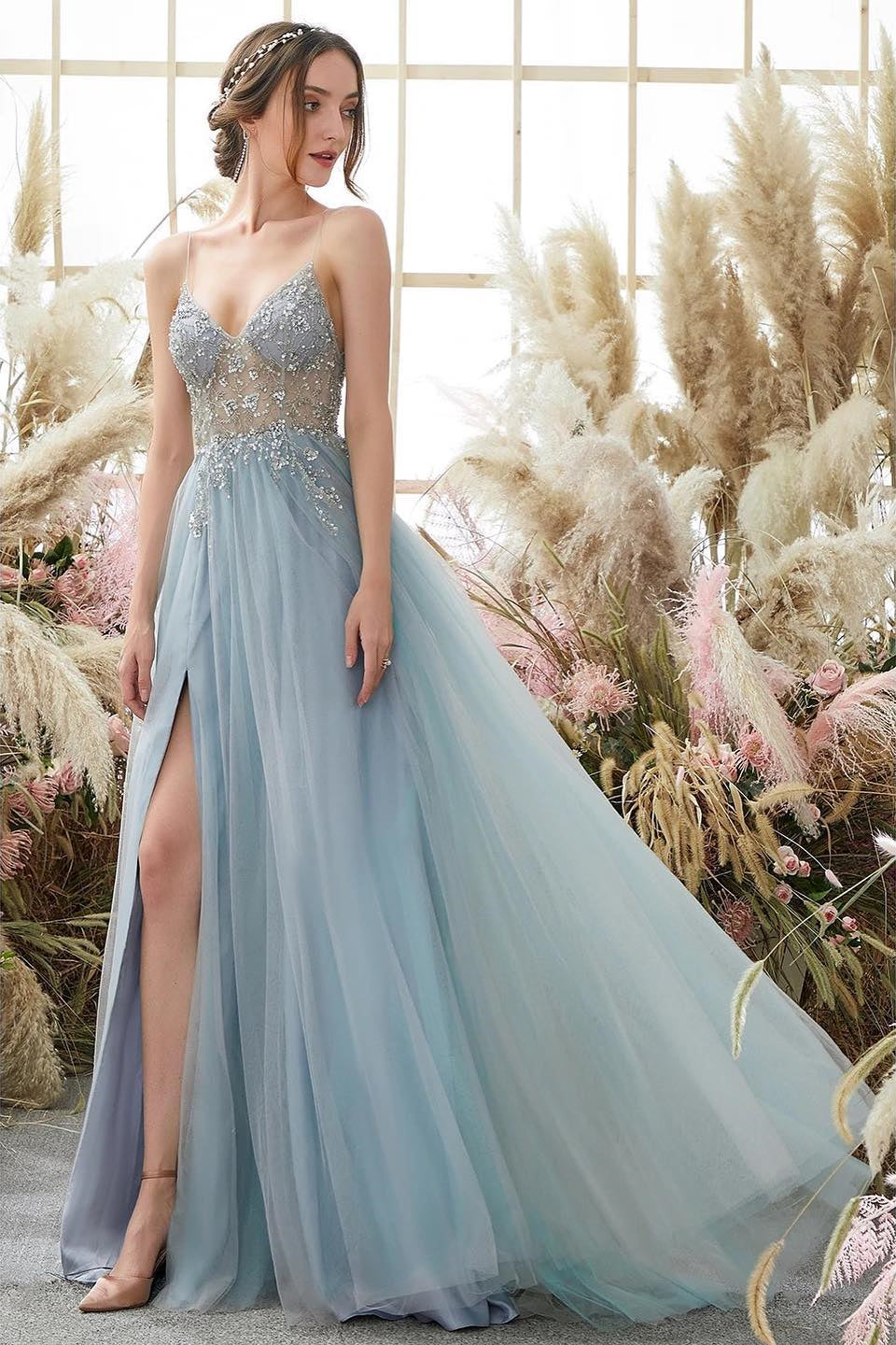 Elegant A-line Blue V-neck Spaghetti Straps Split Front Beading Prom Dress-BMbridal