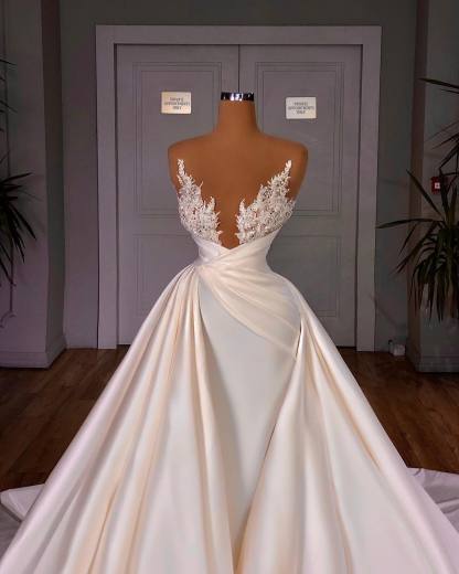 Elegant A-Line Cathedral Sleeveless V-neck Long Wedding Dress-BMbridal.com