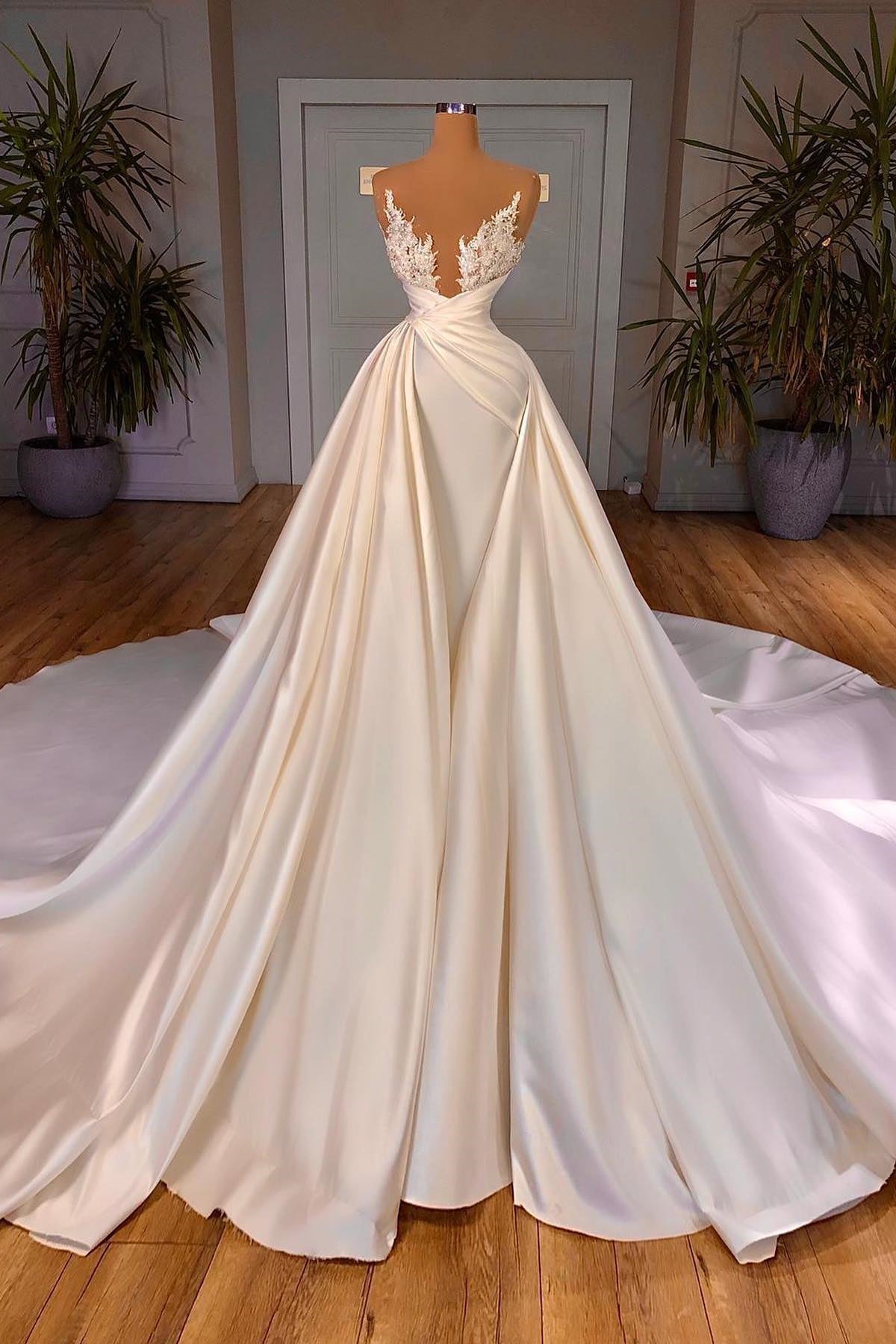 Elegant A-Line Cathedral Sleeveless V-neck Long Wedding Dress-BMbridal