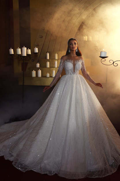 Elegant A-line Off-the-shoulder Long Sleeves V-neck Wedding Dress With Lace-BMbridal.com