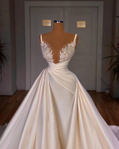 Elegant A-Line Sleeveless Spaghetti Strap Cathedral V-neck Long Wedding Dress-BMbridal.com