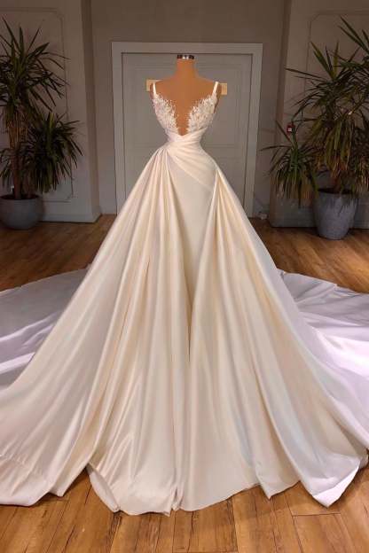 Elegant A-Line Sleeveless Spaghetti Strap Cathedral V-neck Long Wedding Dress-BMbridal.com