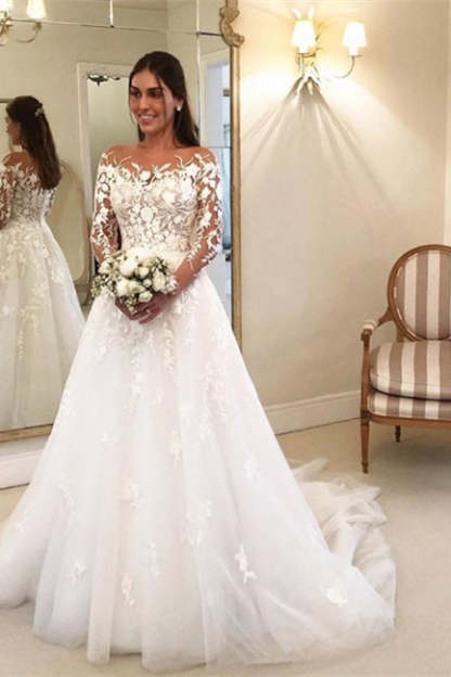 Elegant A Line Wedding Dresses With Sleeves Wedding dresses with lace-BMbridal.com