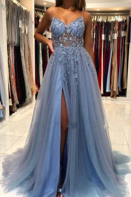 Elegant Blue Long Evening Dresses Beadings Prom Dresses With Slit-BMbridal.com