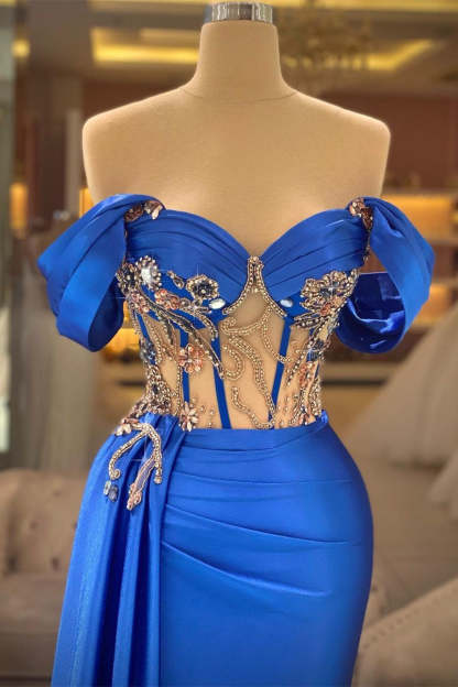 Elegant Blue Off-the-shoulder Sleeveless Beading Prom Dress With Slit-BMbridal.com