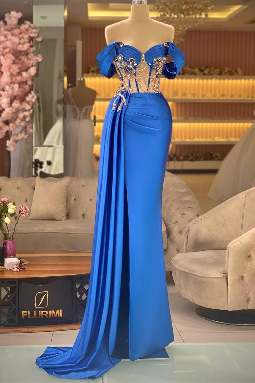 Elegant Blue Off-the-shoulder Sleeveless Beading Prom Dress With Slit-BMbridal.com