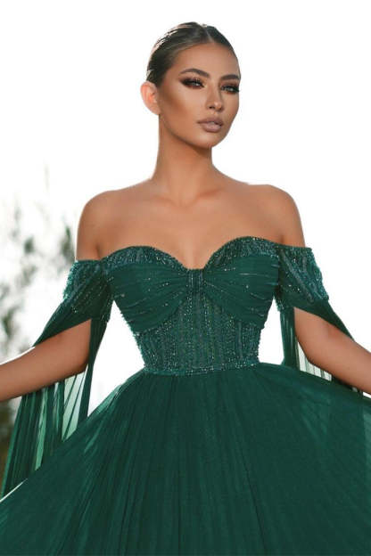 Elegant Dark Green Off-the-shoulder Sequined A-line Prom Dress-BMbridal.com
