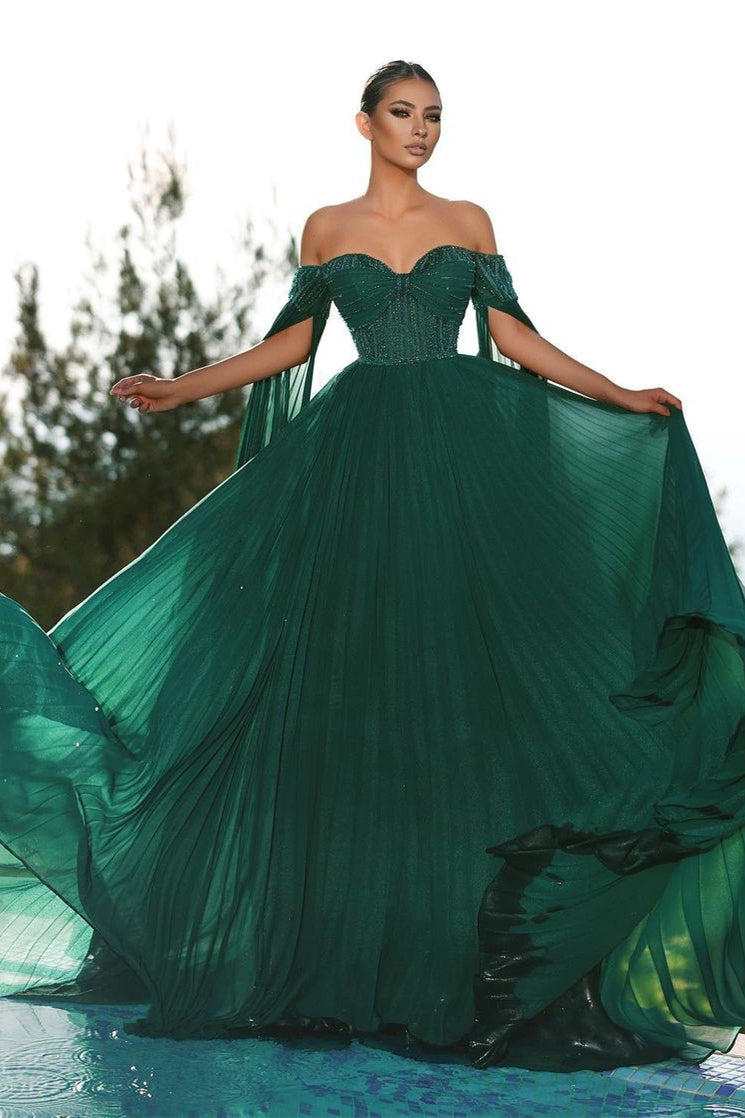 Elegant Dark Green Off-the-shoulder Sequined A-line Prom Dress-BMbridal.com