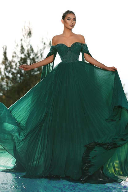 Elegant Dark Green Off-the-shoulder Sequined A-line Prom Dress-BMbridal.com