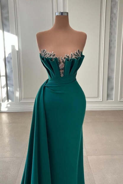Elegant Dark Green Strapless Mermaid Long Prom Dress Evening Gowns-BMbridal.com