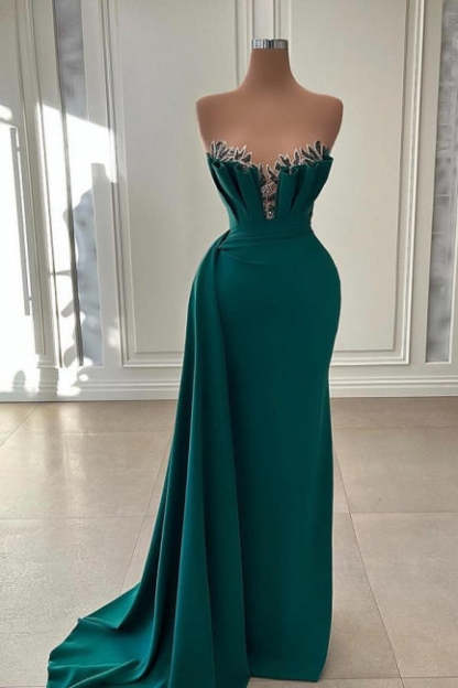 Elegant Dark Green Strapless Mermaid Long Prom Dress Evening Gowns-BMbridal.com