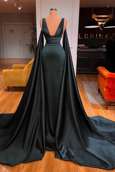 Elegant Dark Green V-neck Sexy Sleeveless A-line Prom Dress-BMbridal.com