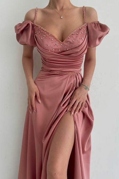 Elegant Dusty Rose Off-the-shoulder A-line Prom Dress With Slit-BMbridal.com