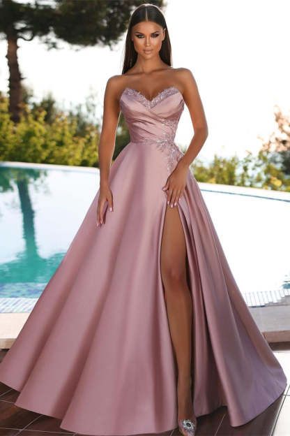 Elegant Dusty Rose Sweetheart Sleeveless Split A-line Prom Dress With Glitter-BMbridal.com
