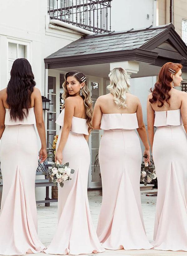 Elegant Elastic Satin Bridesmaid Dresses - Sheath/Column Strapless Sweep Train