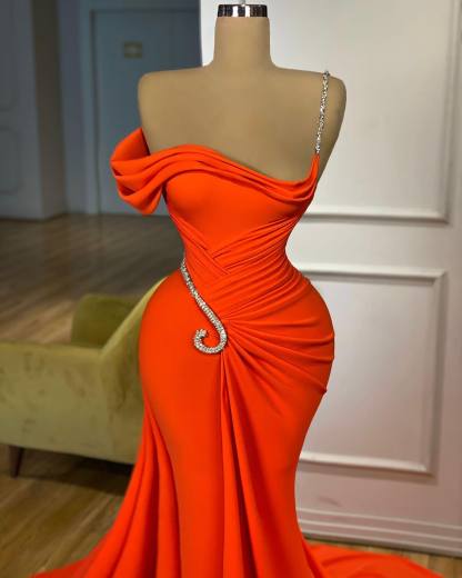 Elegant Floor Length One-should Sleeveless Mermaid Satin Prom Dress with Ruffles-BMbridal.com
