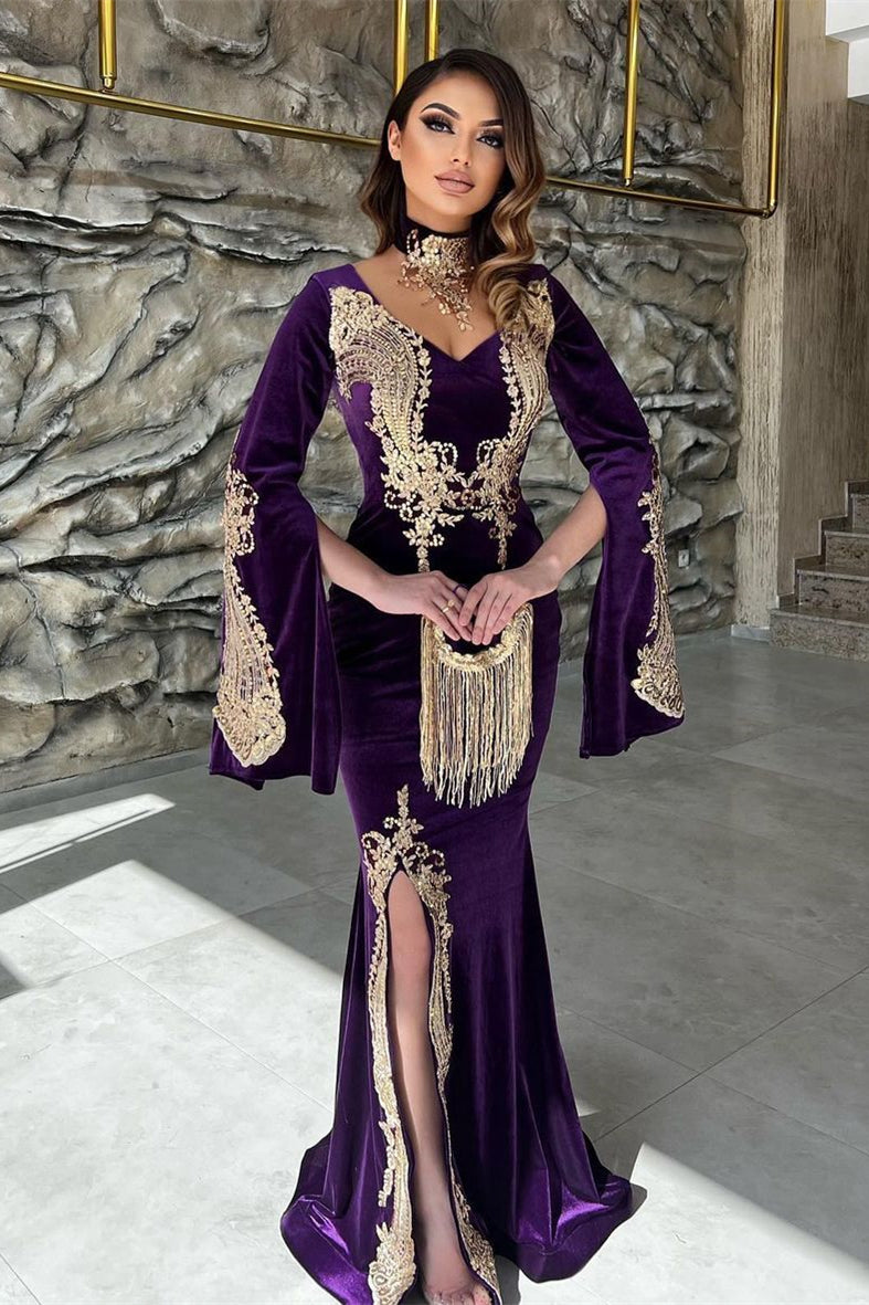 Elegant Floor Length Sweetheart Long Sleeves Mermaid Prom Dress with Split-BMbridal.com