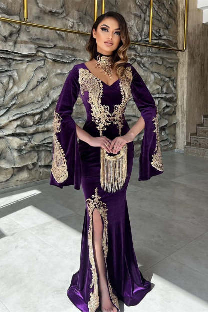 Elegant Floor Length Sweetheart Long Sleeves Mermaid Prom Dress with Split-BMbridal.com