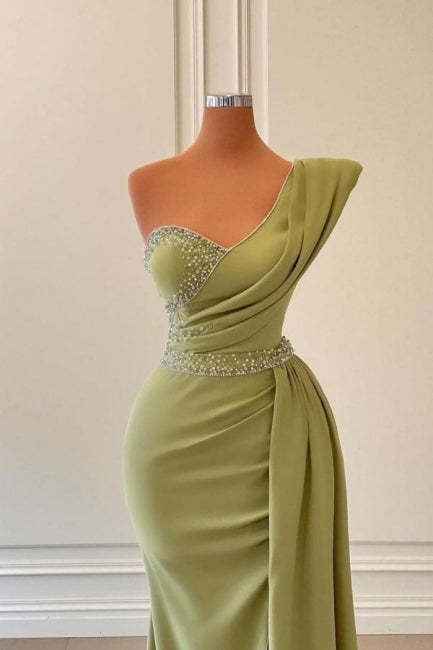 Elegant Green One-shoulder Sleeveless Mermaid Chiffon Prom Dresses with Beadings-BMbridal.com