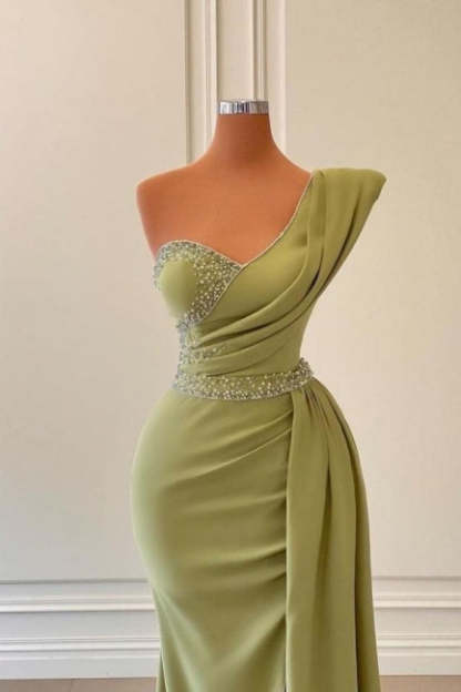 Elegant Green One-shoulder Sleeveless Mermaid Chiffon Prom Dresses with Beadings-BMbridal.com