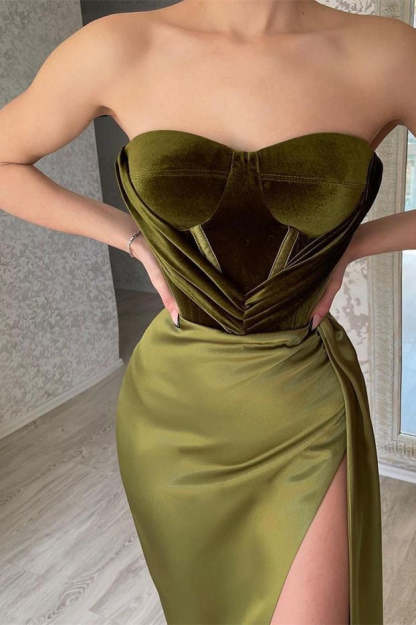 Elegant Green Strapless Sleeveless Mermaid Satin Prom Dresses with Slit-BMbridal.com
