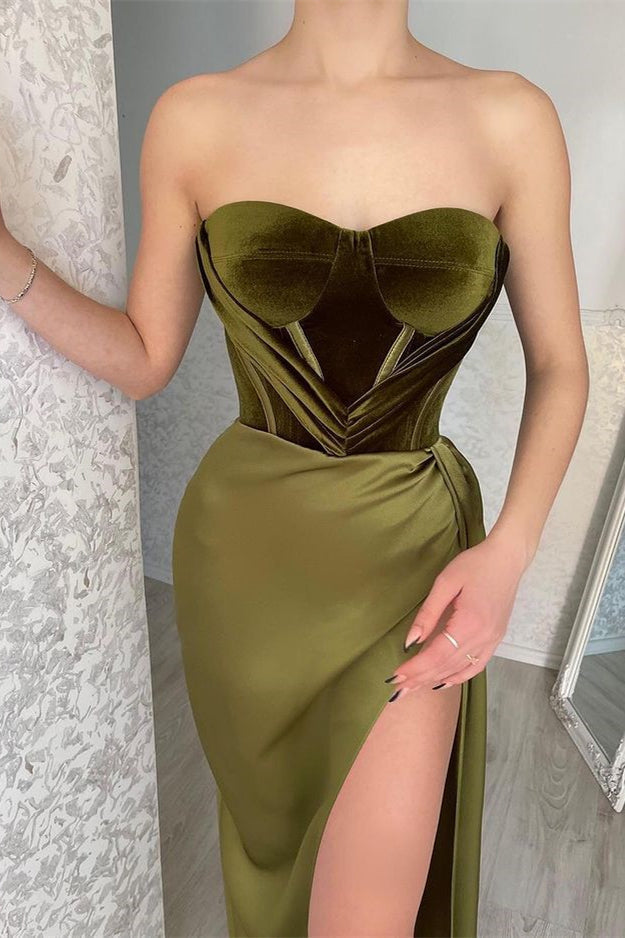 Elegant Green Strapless Sleeveless Mermaid Satin Prom Dresses with Slit-BMbridal.com