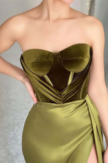 Elegant Green Strapless Sleeveless Mermaid Satin Prom Dresses with Slit-BMbridal.com