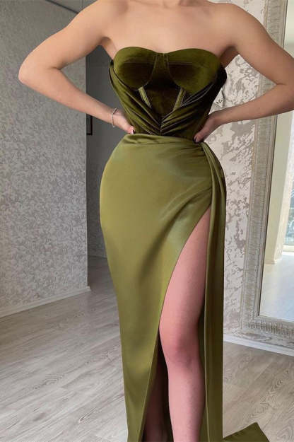 Elegant Green Strapless Sleeveless Mermaid Satin Prom Dresses with Slit-BMbridal.com