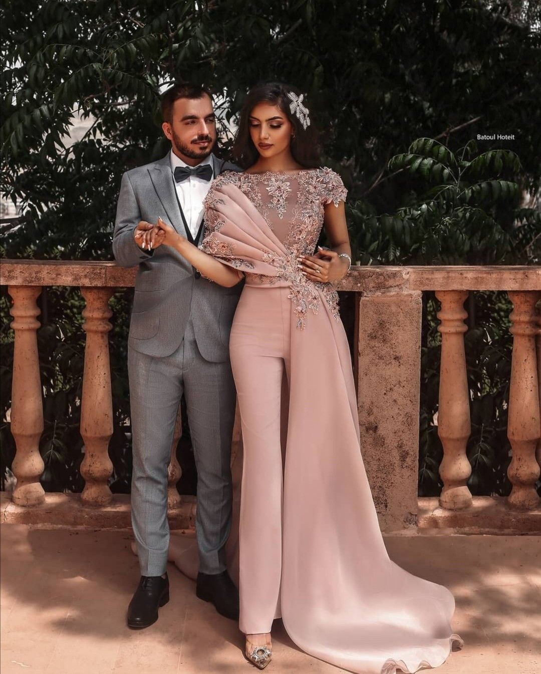 Elegant Lace Aplliques Short Sleeves Evening Jumpsuit With Train-BMbridal.com