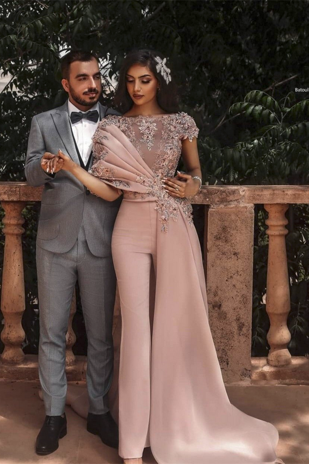 Elegant Lace Aplliques Short Sleeves Evening Jumpsuit With Train-BMbridal.com