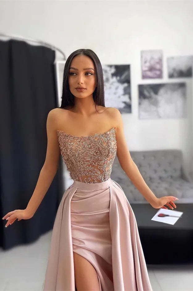 Elegant Long A-line Lace Sequined Sleeveless Prom Dress With Slit-BMbridal.com