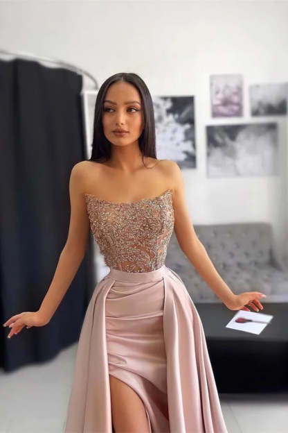 Elegant Long A-line Lace Sequined Sleeveless Prom Dress With Slit-BMbridal.com