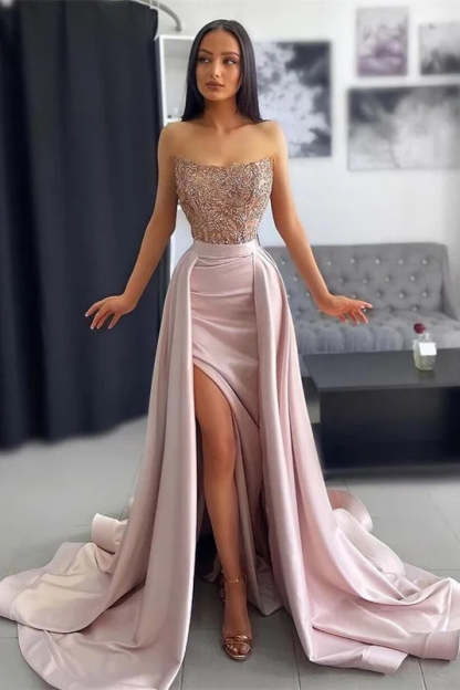 Elegant Long A-line Lace Sequined Sleeveless Prom Dress With Slit-BMbridal.com
